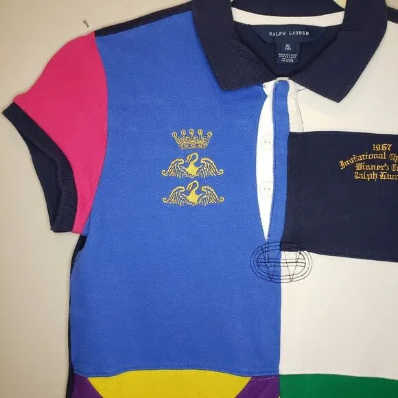Girls POLO RALPH LAUREN Polo Shirt Size 10-12 Large Colorblock Patchwork - Picture 3 of 6